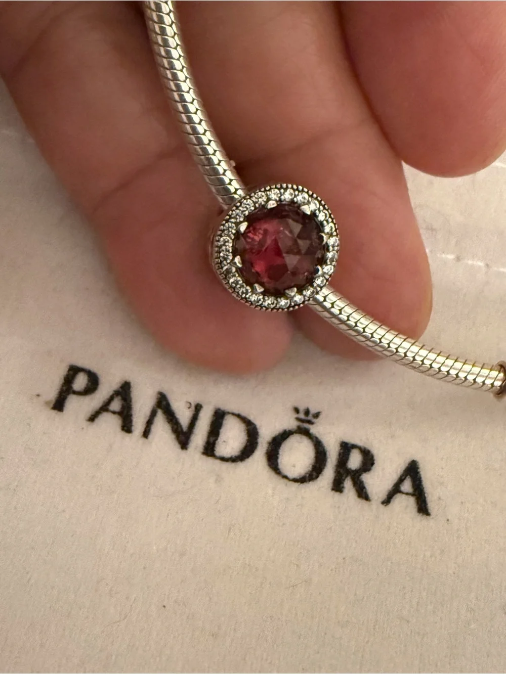 Pandora Sterling Silver Round Pink Crystal Charm with Clear Pavé Halo